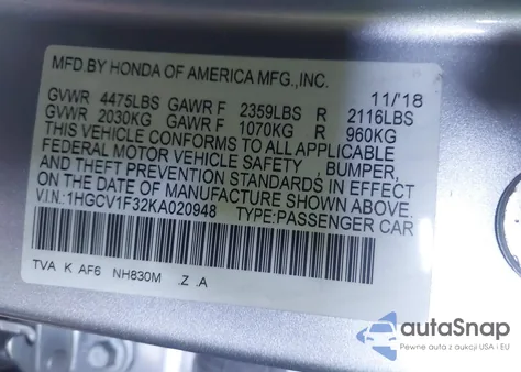 2019 Honda Accord Sport from USA, damaged, VIN 1HGCV1F32KA020948